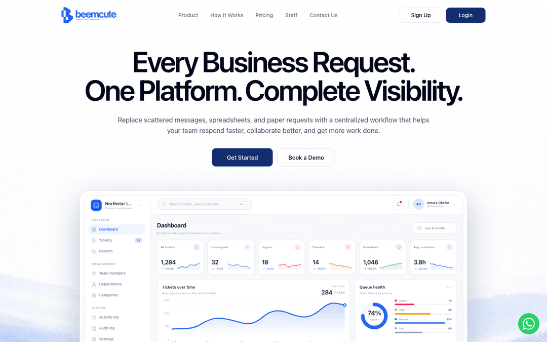 Beemcute platform hero showing a work dashboard